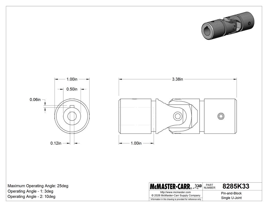 Technical Drawing of Pin-and-Block Single U-Joint, Steel, for 1/2" Diameter x 1" Deep Keyed Shaft.